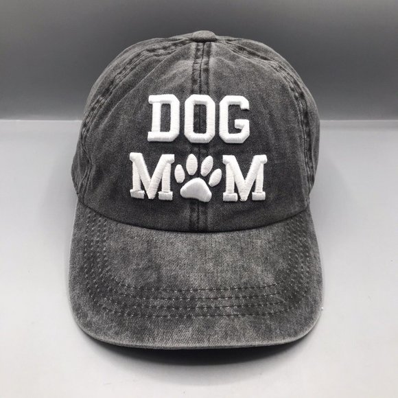 Dog Mom Paw Print Embroidery Washed Out Gray Adjustable Strap Baseball Cap Hat - Picture 1 of 6